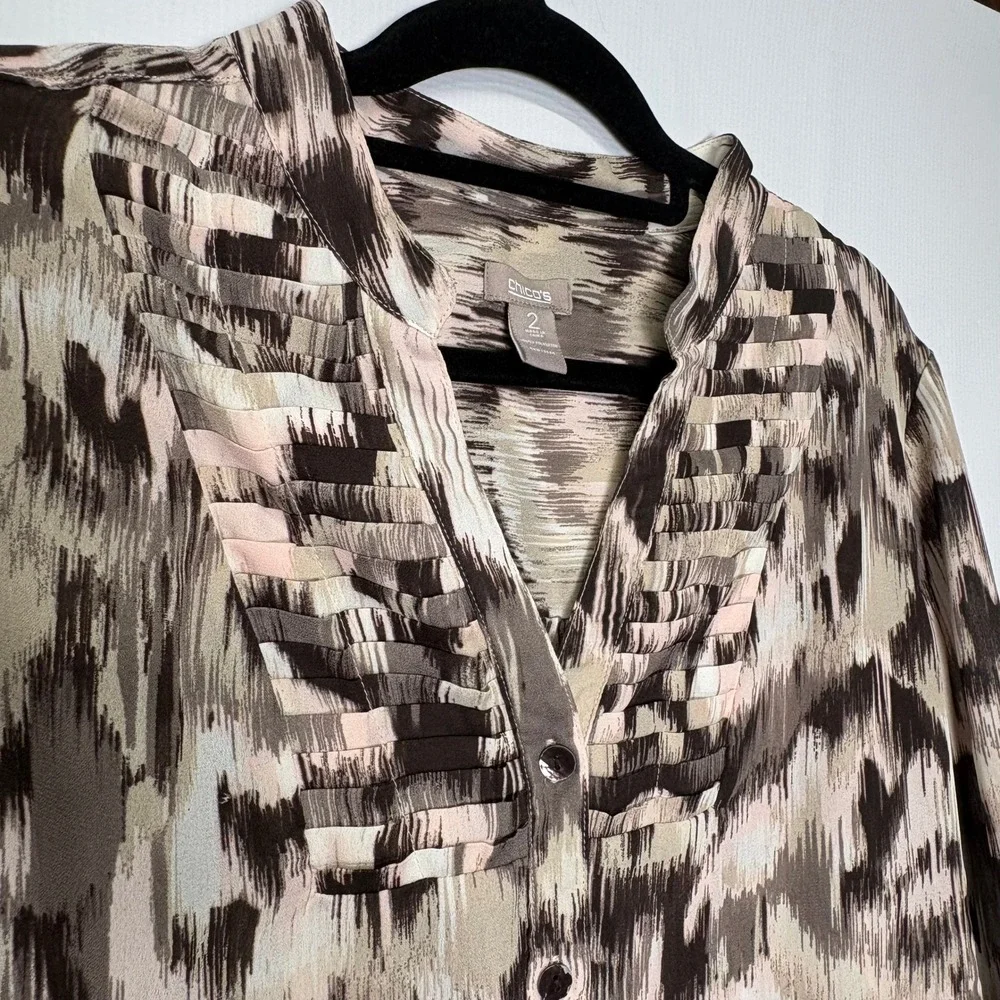 Chico's Womens Brown Abstract Print 3/4 Sleeve‎ Sheer Button Down Blouse Size 2